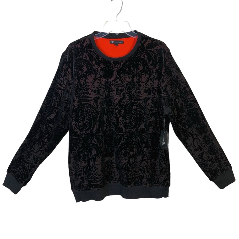 INC Mens Black Velvet Print Crewneck Classic Fit Pullover Sweater Sz Large